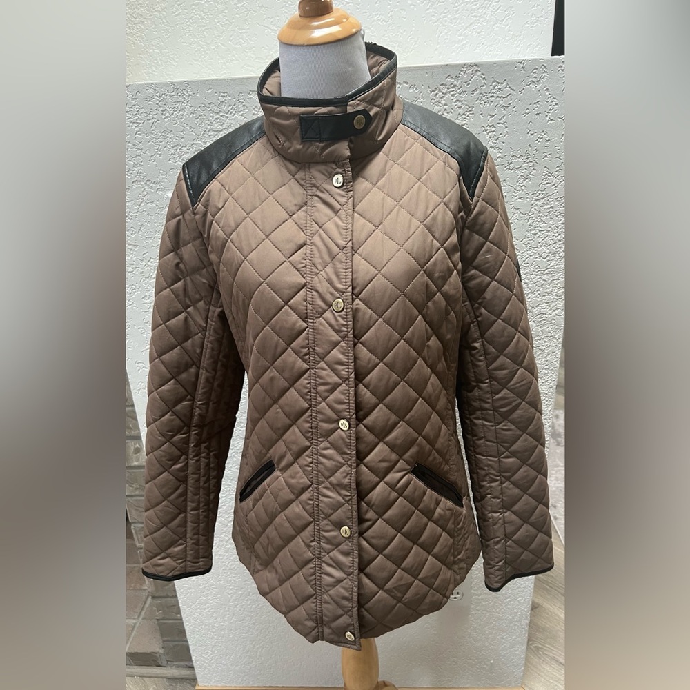 Vintage Ralph Lauren Medium Distressed Equestrian Leather Trim Quilted Jacket